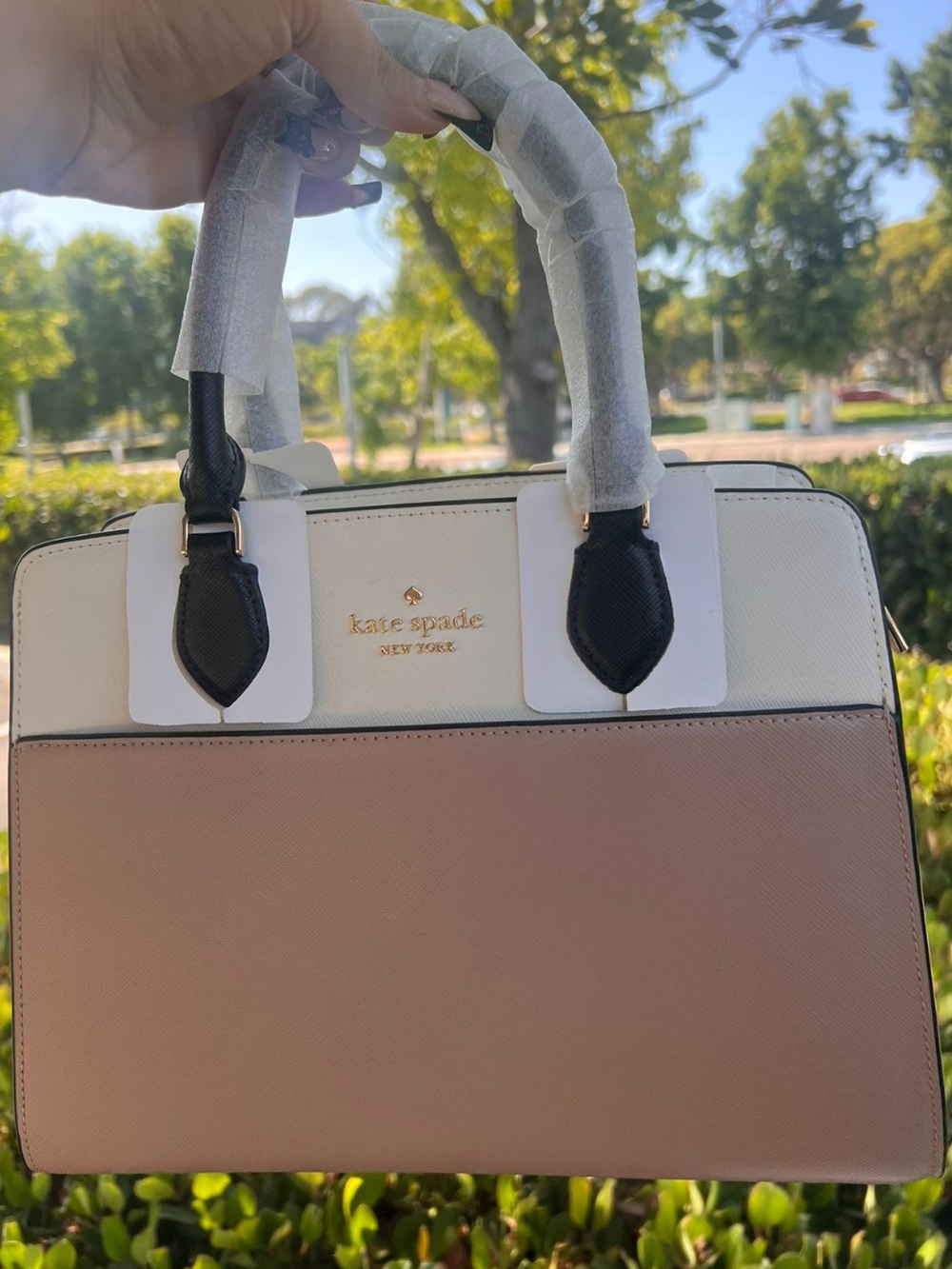 kate spade Cream and Blush Two-Tone Saffiano Satchel with Black Accents